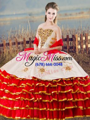 Floor Length Lace Up Quinceanera Gown White And Red for Sweet 16 and Quinceanera with Beading and Ruffled Layers