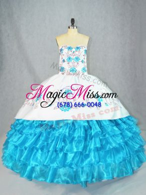 Beautiful Baby Blue Organza Lace Up Ball Gown Prom Dress Sleeveless Floor Length Embroidery and Ruffled Layers