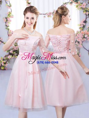 Inexpensive Baby Pink Half Sleeves Tea Length Lace and Belt Lace Up Court Dresses for Sweet 16