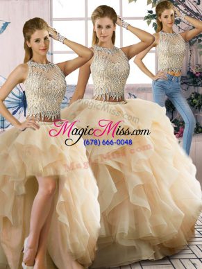 Nice Champagne Organza Zipper Scoop Sleeveless Floor Length Ball Gown Prom Dress Beading and Ruffles