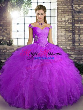 Purple Tulle Lace Up Ball Gown Prom Dress Sleeveless Floor Length Beading and Ruffles