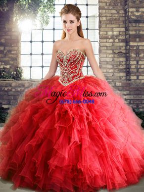 Sweetheart Sleeveless 15 Quinceanera Dress Floor Length Beading and Ruffles Red Tulle