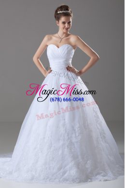 Brush Train Ball Gowns Bridal Gown White Sweetheart Tulle Sleeveless Lace Up