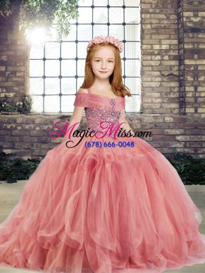 Perfect Ball Gowns Child Pageant Dress Watermelon Red Straps Tulle Sleeveless Floor Length Lace Up