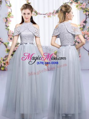 Inexpensive Grey Tulle Zipper High-neck Sleeveless Floor Length Bridesmaids Dress Lace and Belt