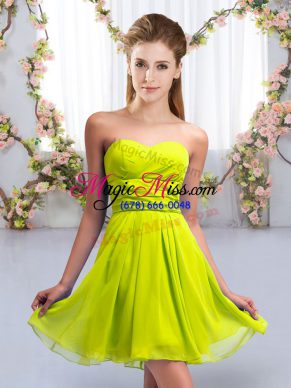 Yellow Green Chiffon Lace Up Sweetheart Sleeveless Mini Length Dama Dress Ruching