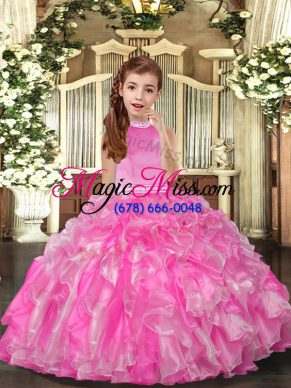 High-neck Sleeveless Little Girls Pageant Dress Floor Length Beading and Ruffles Rose Pink Organza