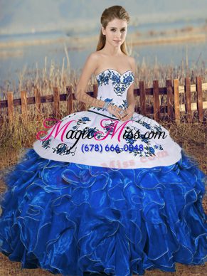 Glittering Blue And White Lace Up Sweetheart Embroidery and Ruffles and Bowknot Sweet 16 Quinceanera Dress Organza Sleeveless