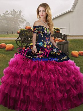 Glamorous Fuchsia Off The Shoulder Neckline Embroidery and Ruffled Layers Quinceanera Gowns Sleeveless Lace Up