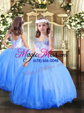 Gorgeous Sleeveless Tulle Floor Length Lace Up Pageant Dress in Baby Blue with Beading