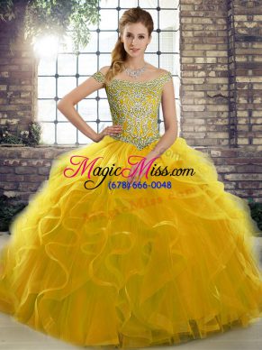 Gold Quinceanera Dress Off The Shoulder Sleeveless Brush Train Lace Up
