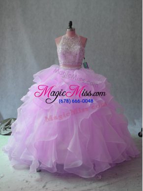 Dramatic Lilac Two Pieces Halter Top Sleeveless Organza Floor Length Backless Beading and Ruffles Quinceanera Gown