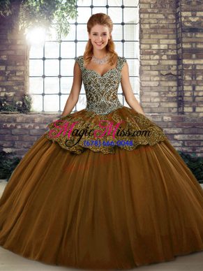 Floor Length Ball Gowns Sleeveless Brown Sweet 16 Dresses Lace Up