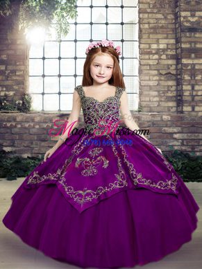 Simple Straps Sleeveless Tulle Kids Formal Wear Embroidery Lace Up