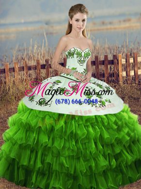 Fitting Organza Sweetheart Sleeveless Lace Up Embroidery and Ruffled Layers and Bowknot Quinceanera Gown in Green