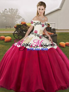 Adorable Off The Shoulder Sleeveless Organza Ball Gown Prom Dress Embroidery Lace Up