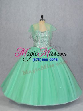 Extravagant Sleeveless Tulle Floor Length Lace Up Quinceanera Dresses in Apple Green with Beading