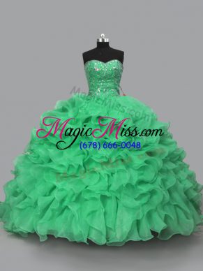 Elegant Green Organza Lace Up Halter Top Sleeveless Floor Length Sweet 16 Dress Beading and Ruffles