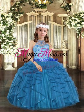 High End Blue Sleeveless Tulle Lace Up Pageant Dress for Party and Wedding Party