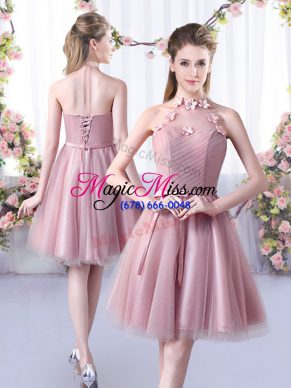 New Style Pink Sleeveless Knee Length Appliques and Belt Lace Up Bridesmaid Dress
