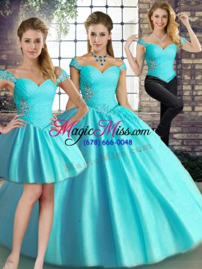 Sleeveless Floor Length Beading Lace Up Quinceanera Dress with Aqua Blue