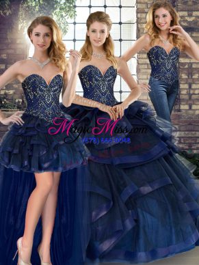 Sleeveless Floor Length Beading and Ruffles Lace Up Quince Ball Gowns with Navy Blue