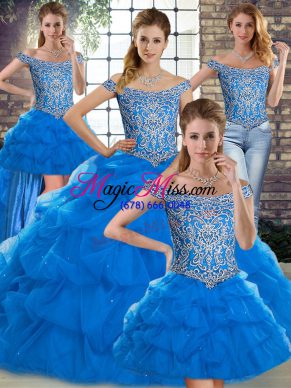 Romantic Blue Quinceanera Gowns Military Ball and Sweet 16 and Quinceanera with Beading and Pick Ups Off The Shoulder Sleeveless Brush Train Lace Up