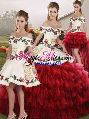 Wine Red Organza Lace Up Quinceanera Dresses Sleeveless Floor Length Embroidery and Ruffled Layers