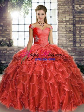 Exquisite Off The Shoulder Sleeveless Brush Train Lace Up Sweet 16 Dresses Coral Red Organza