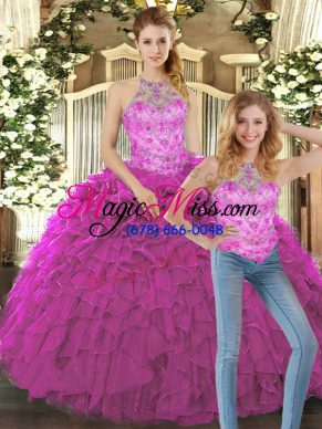 Fantastic Beading and Ruffles 15th Birthday Dress Fuchsia Lace Up Sleeveless Floor Length