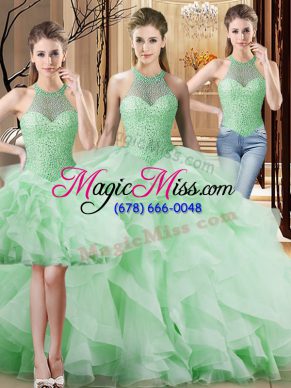Apple Green Three Pieces Beading and Ruffles Quinceanera Dress Lace Up Organza Sleeveless
