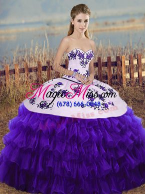 Dramatic White And Purple Sleeveless Floor Length Embroidery and Ruffled Layers and Bowknot Lace Up Quinceanera Gowns