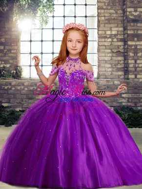 Sleeveless Tulle Floor Length Lace Up Kids Pageant Dress in Purple with Beading