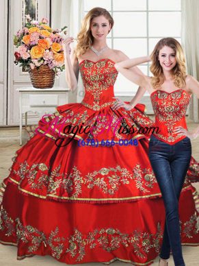 Fitting Sleeveless Satin and Organza Floor Length Lace Up Quinceanera Gown in Red with Embroidery and Ruffled Layers