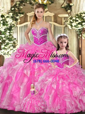 Custom Design Sweetheart Sleeveless Lace Up Quinceanera Dresses Rose Pink Organza
