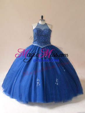 Floor Length Blue Quinceanera Dresses Scoop Sleeveless Lace Up