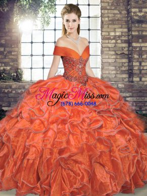 Pretty Orange Red Sleeveless Beading and Ruffles Floor Length Ball Gown Prom Dress