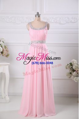 Baby Pink Empire Beading and Ruching Prom Dress Side Zipper Chiffon Sleeveless Floor Length