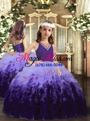 Perfect Multi-color Tulle Zipper V-neck Sleeveless Floor Length Pageant Dress for Girls Ruffles