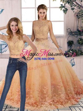 Excellent Sleeveless Lace Backless Ball Gown Prom Dress with Peach Sweep Train