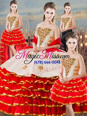 Stunning Floor Length White And Red Vestidos de Quinceanera Organza Sleeveless Beading and Ruffled Layers