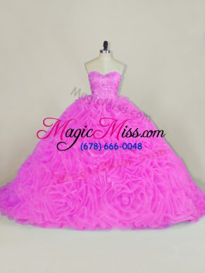 Ideal Lilac Lace Up Sweet 16 Dresses Beading and Ruffles Sleeveless Chapel Train