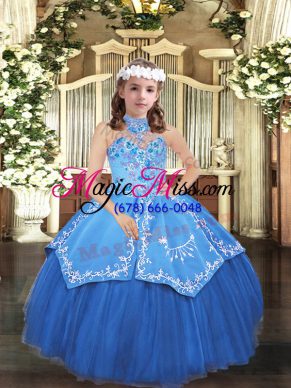 Embroidery Kids Pageant Dress Blue Lace Up Sleeveless Floor Length