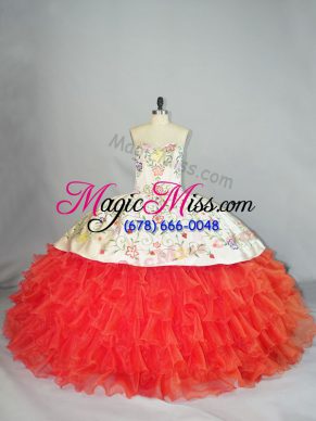 Sleeveless Organza Floor Length Lace Up Quince Ball Gowns in Coral Red with Embroidery and Ruffles