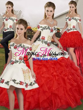 White And Red Sleeveless Floor Length Embroidery and Ruffles Lace Up Ball Gown Prom Dress