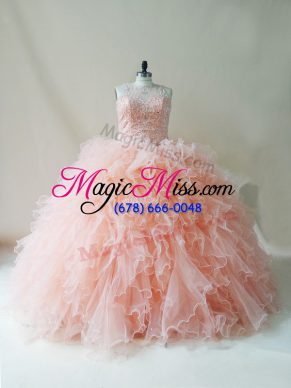 Ball Gowns Quince Ball Gowns Peach Scoop Tulle Sleeveless Floor Length Lace Up