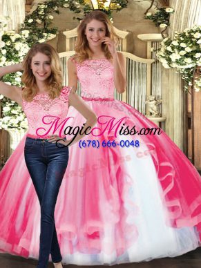 Trendy Hot Pink Scoop Clasp Handle Lace and Ruffles Quince Ball Gowns Sleeveless