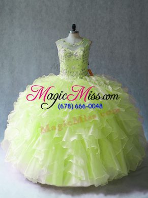 Low Price Floor Length Yellow Green Quinceanera Dress Organza Sleeveless Beading and Ruffles