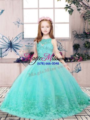 Trendy Tulle Scoop Sleeveless Backless Lace and Appliques Kids Pageant Dress in Aqua Blue