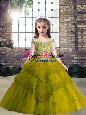 Classical Off The Shoulder Sleeveless Lace Up Pageant Dress for Teens Olive Green Tulle